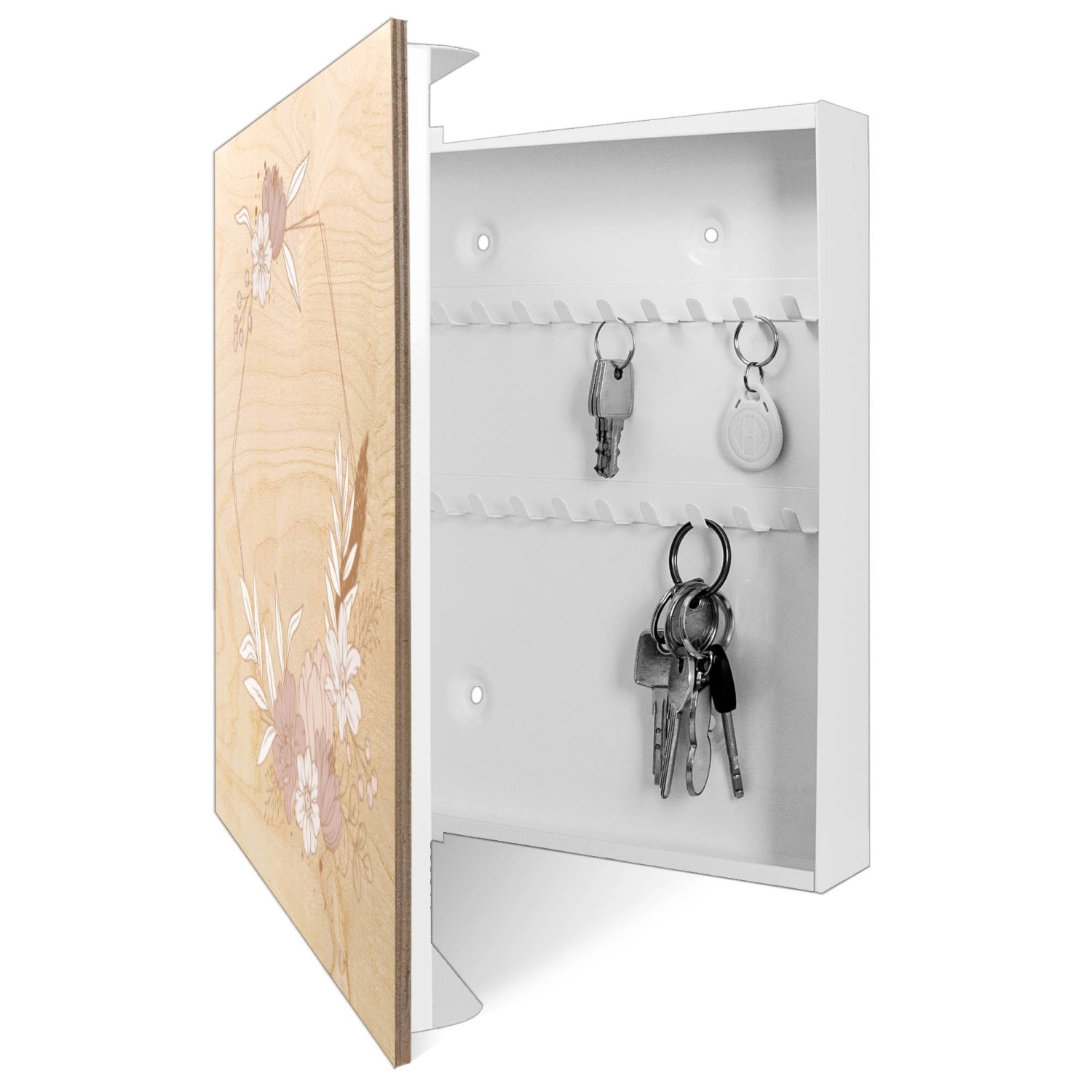 Banjado Schlüsselkasten 30x30cm mit floralem Motiv, Holzfront und 50 Haken zur Schlüsselaufbewahrung.
