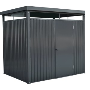 Floraworld Metall-Gerätehaus in Anthrazit, 233x190 cm, mit Flügeltür und Oberlichtern.