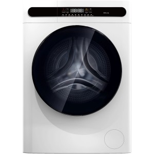 Weißer PKM Waschtrockner WT8+5BE mit schwarzer Tür und digitalem Display.
