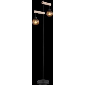 Globo Stehleuchte Paulo, 168 cm, Design-Lampe mit Holz und Amber Glas Schirmen.