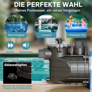 Wiltec Pool Pumpe, dunkelgrau-blau, mit transparentem Deckel, neben einem Pool. Zeigt schnelle, geräuscharme Funktion und Ablassstopfen.