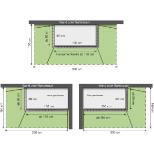 Skizze: Weka Garten Q Terrassenschrank – Maße und Aufbauvarianten des Gartenschranks.