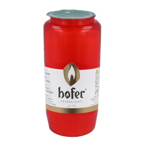 Rotes Hofer Kompositions-Öl-Licht Nr. 7, zylindrische Grabkerze mit weißem Etikett und grüner Kappe.