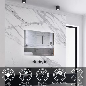 Rechteckiger Badspiegel 80x60 cm mit dimmbarer Kaltweiß LED-Beleuchtung und Touch-Steuerung an Marmorwand.