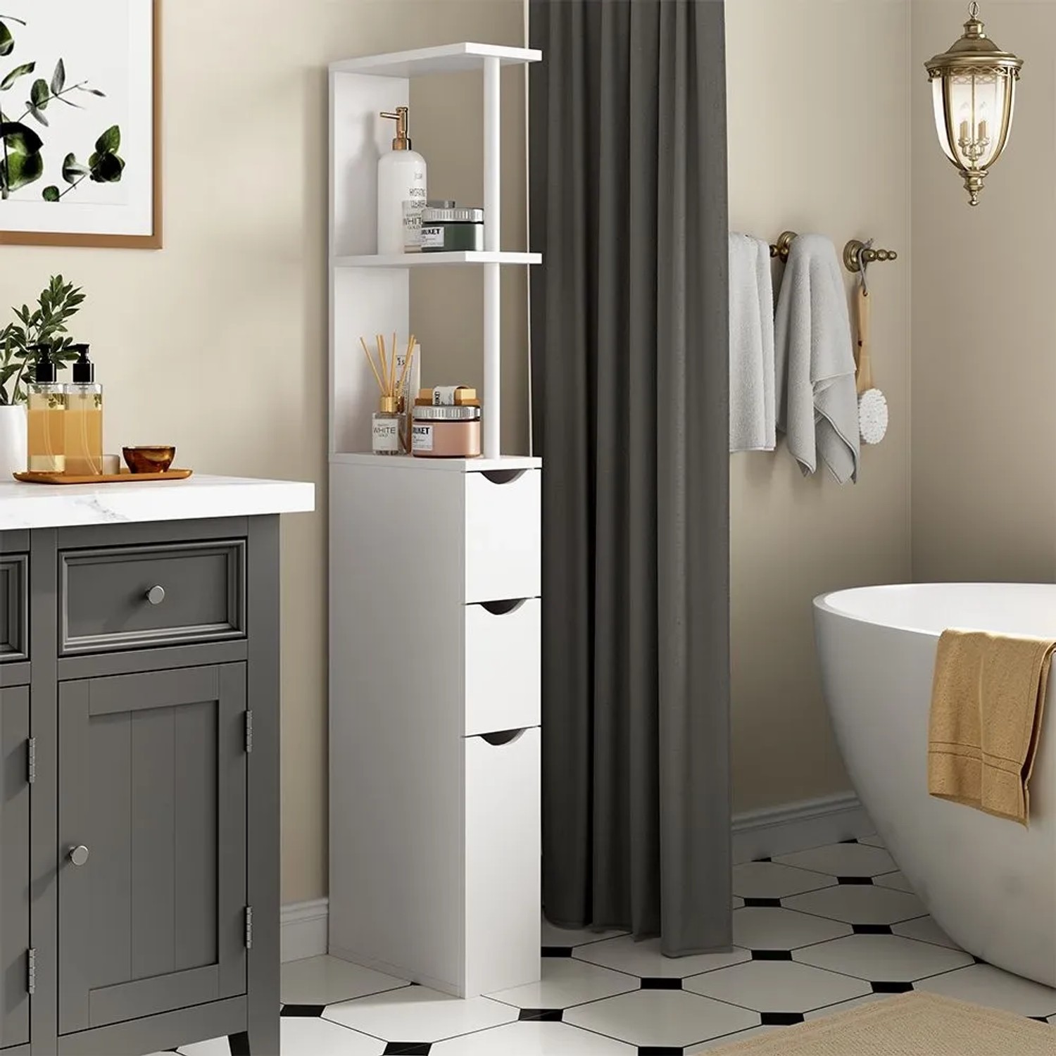 Vicco schmaler Badschrank Weiß 137 x 15 cm 3 Schubladen Melaminharzbeschichtung kaufen bei OBI