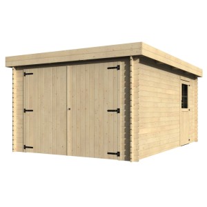 Unbehandelte Holzgarage Galan von Decor et Jardin mit Doppeltür und Fenster.