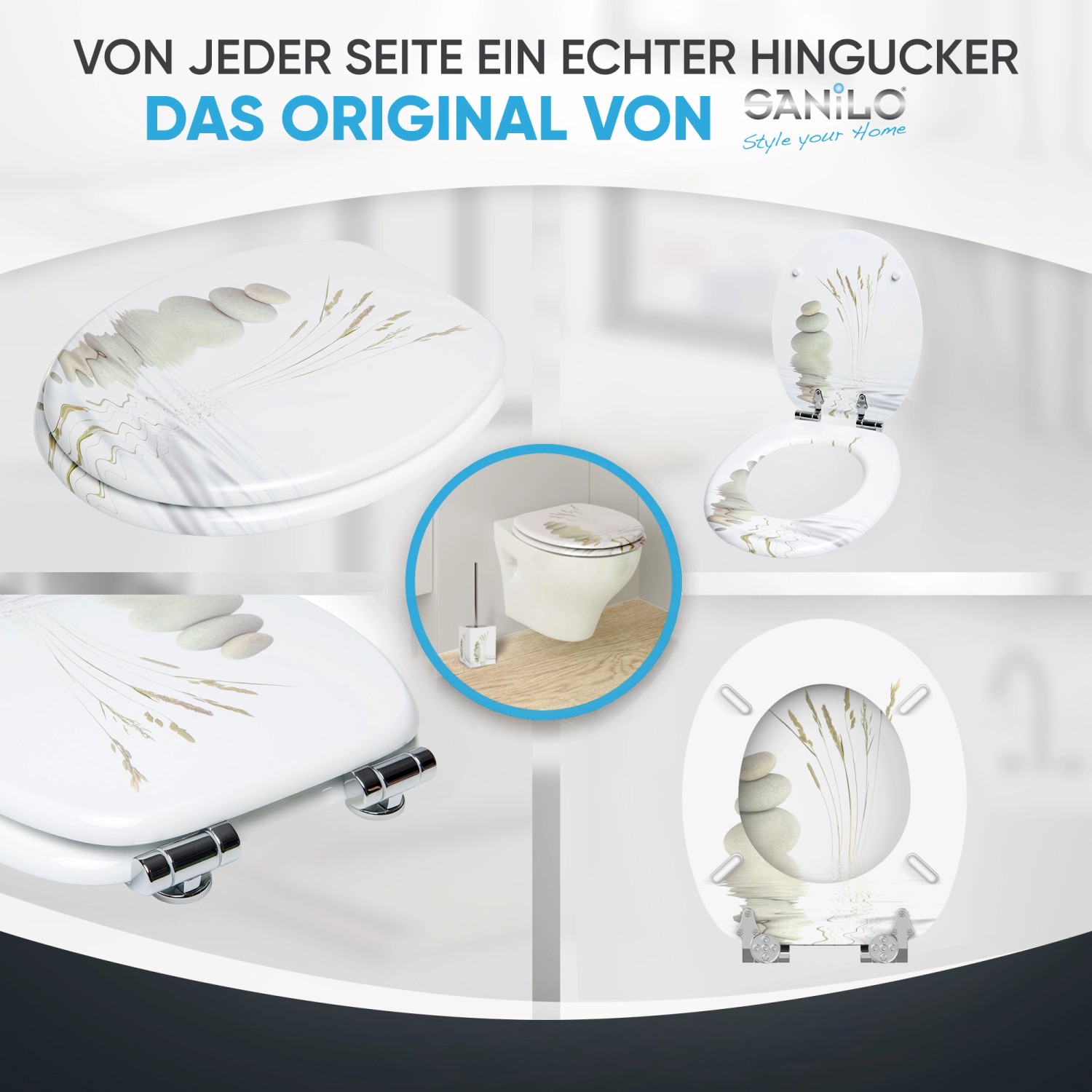 Sanilo WC-Sitz Balance mit Absenkautomatik, Holz, Stein- und Gräser-Motiv.