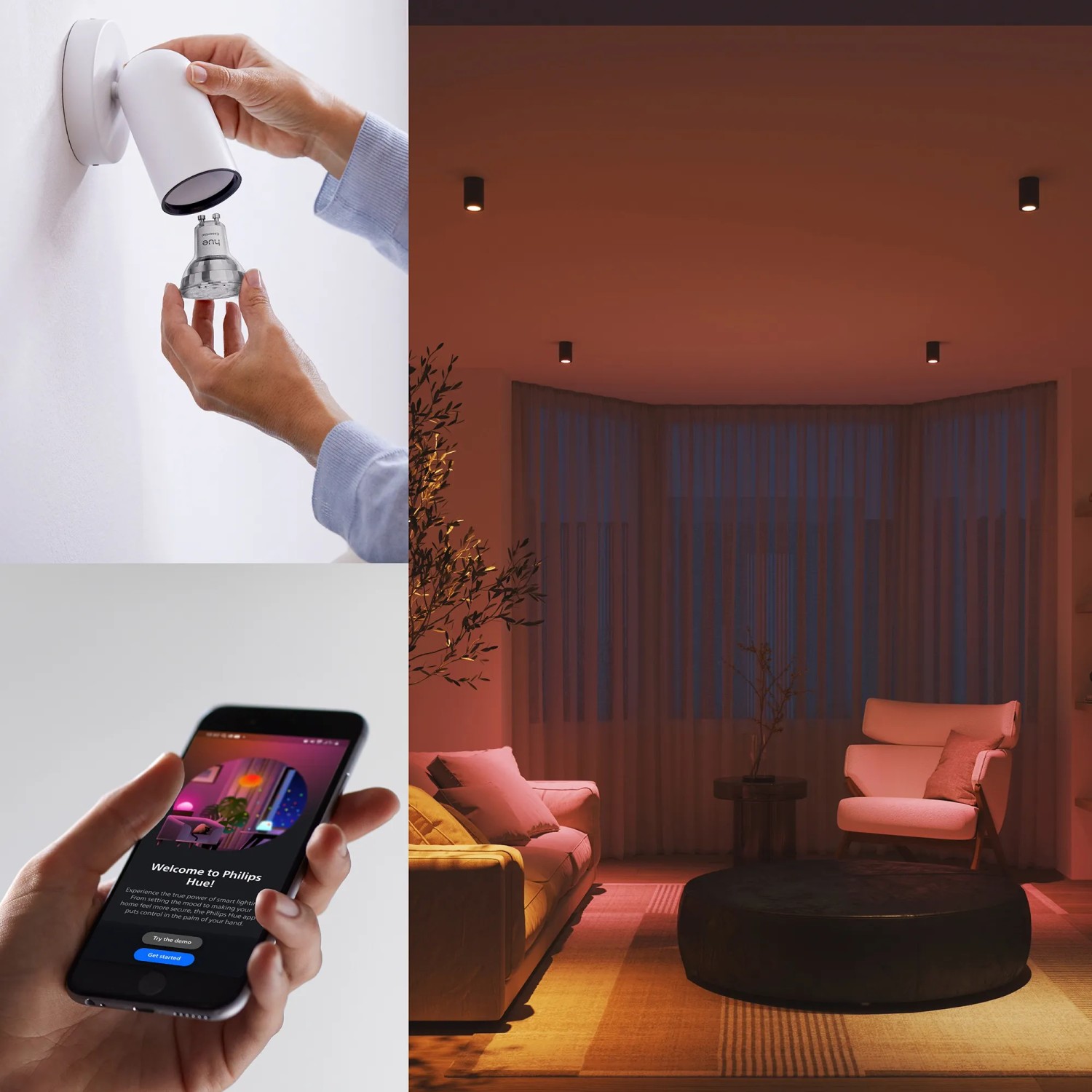 Philips Hue GU10 Leuchtmittel 2er Set in Anwendung: Einsetzen, App-Steuerung, Wohnraum-Szene mit farbigem Licht.