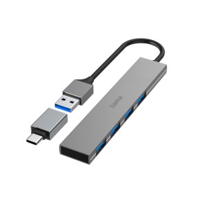 Hama USB-Hub Ultra Slim mit 4 Ports, USB 3.2 Gen1 und USB-C-Adapter.