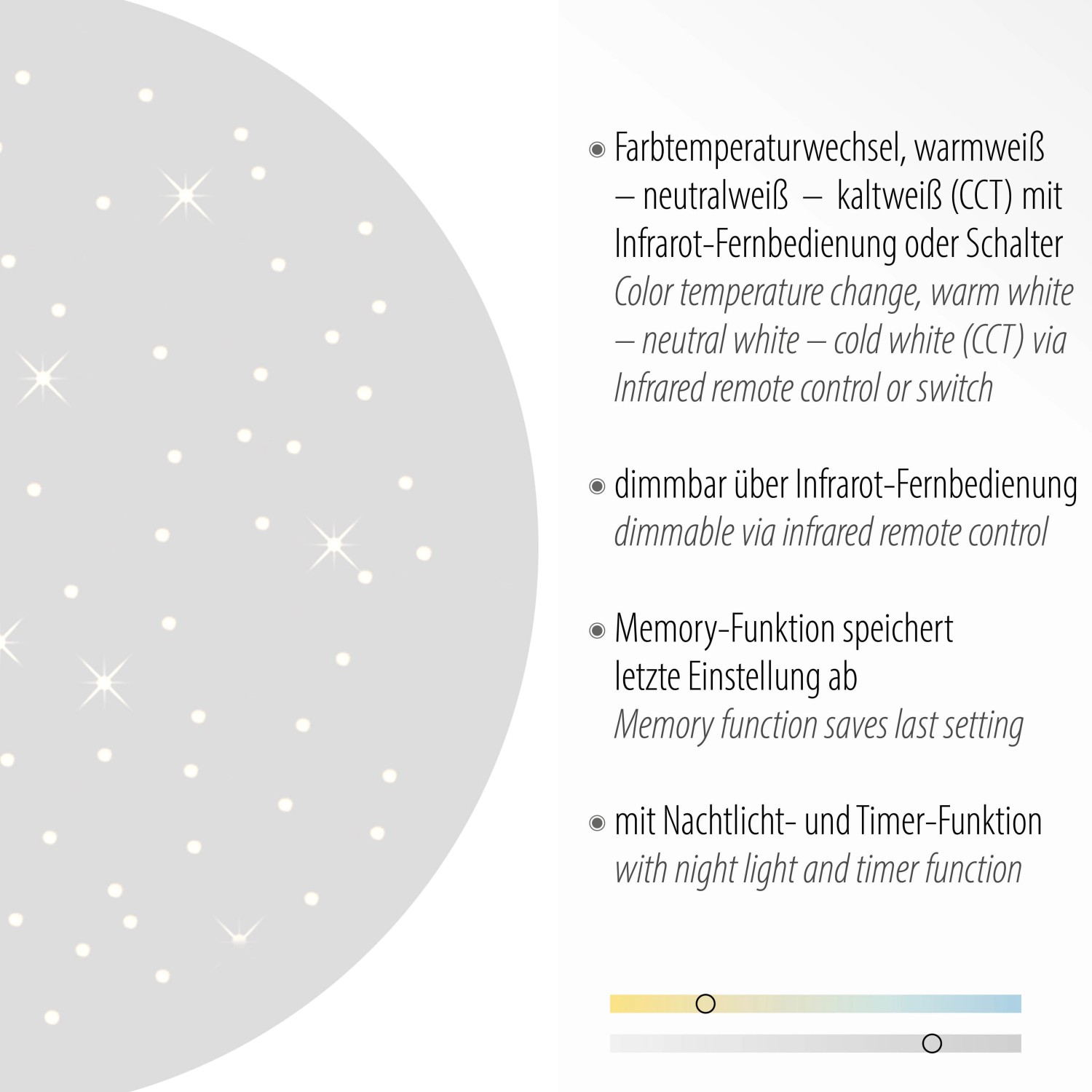 Detailaufnahme: Funktionen der LED-Deckenleuchte Sternenhimmel Sparkle, z.B. Farbtemperaturwechsel und Dimmbarkeit.