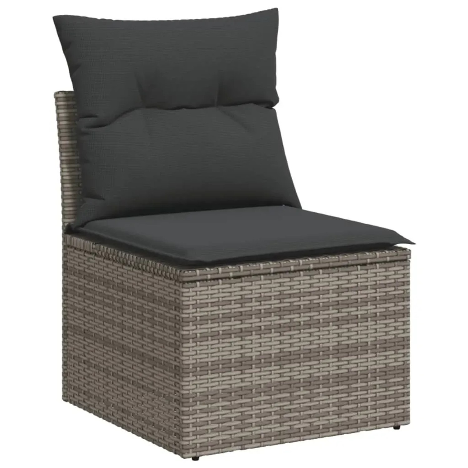 Graues vidaXL Gartensofa-Element aus Rattan mit dunklen Kissen.