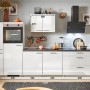 Moderne pino Küchenzeile, 280 cm, Weiß Hochglanz, mit E-Geräten, Spüle und Seitenschrank. Anschlag links.