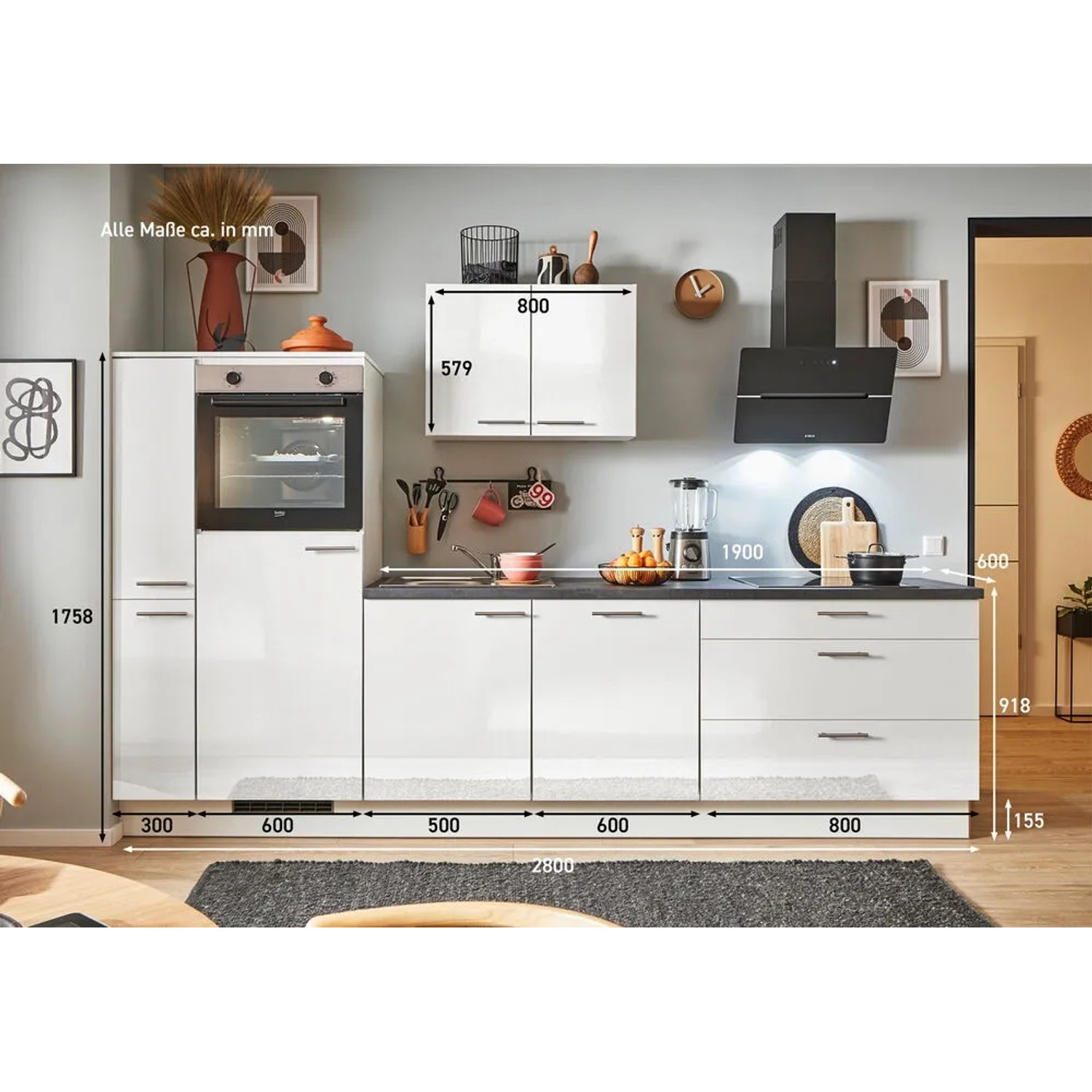 Moderne pino Küchenzeile, 280 cm, Weiß Hochglanz, mit E-Geräten, Spüle und Seitenschrank. Anschlag links.