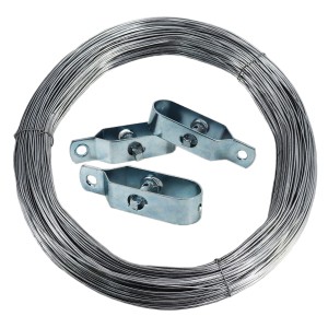 Spanndraht-Rolle mit drei Drahtspannern für Zäune. Verzinkter Stahldraht, Zubehör für Wildzaun.