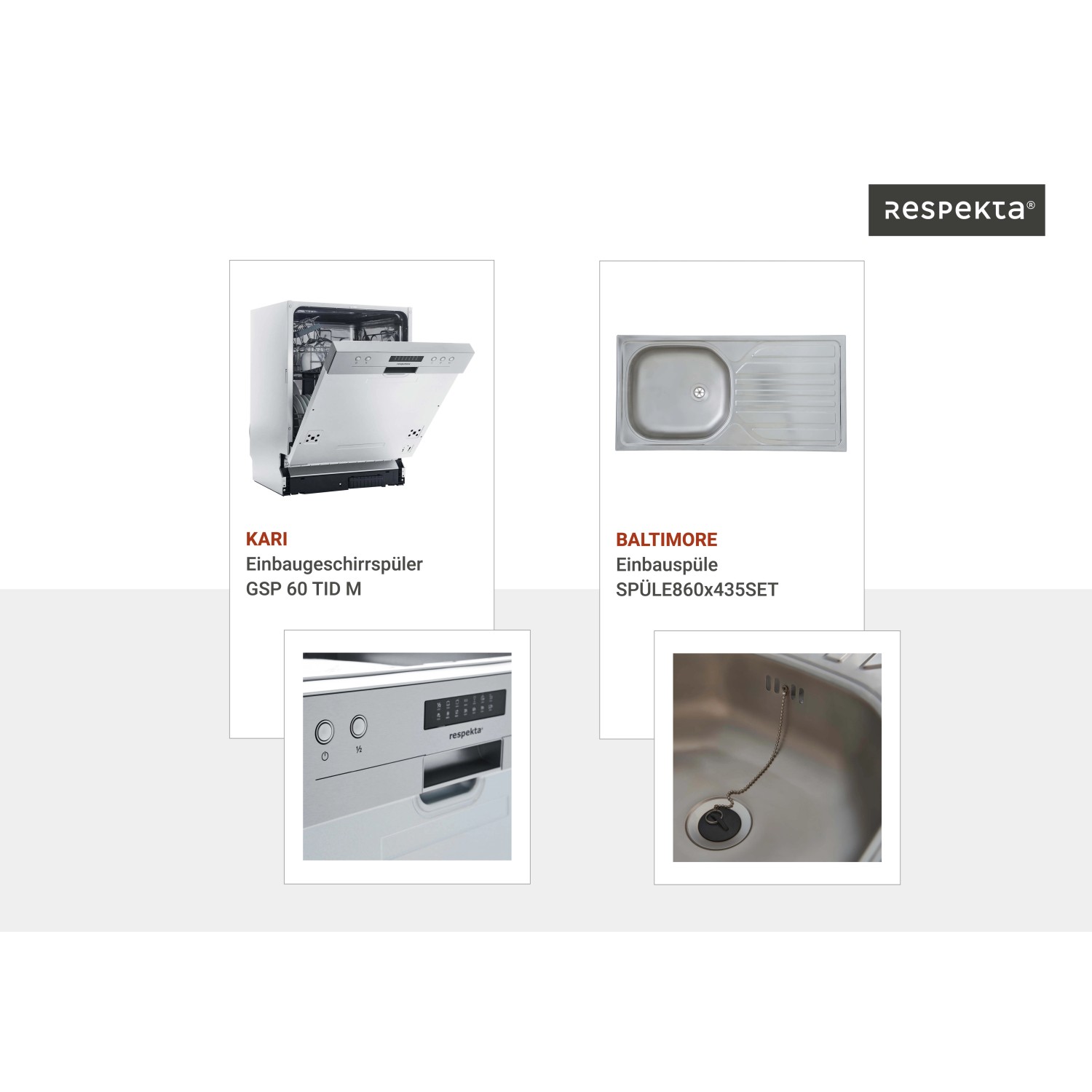 Respekta Küchenblock Malia: Details von Geschirrspüler und Spüle.