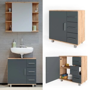Vicco Waschbeckenunterschrank Ilias, Eiche/Anthrazit, 60 cm breit, mit Tür und Schubladen.