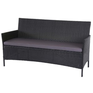 Anthrazitfarbene 3-Sitzer Poly-Rattan Gartenbank mit passendem Sitzkissen und Armlehnen. Ideal für Garten und Terrasse.