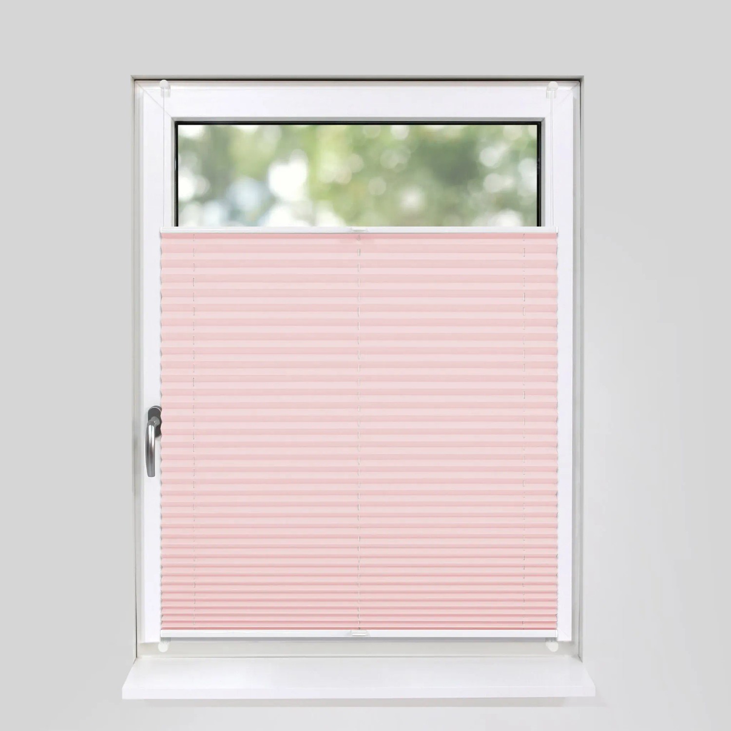Rosa Plissee 100x210 cm am Fenster, blickdicht, ohne Bohren mit Klemmfix montiert.