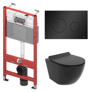 KOLMAN WC-Komplettset: schwarzes Wand-WC, Betätigungsplatte und Vorwandelement. Ideal für moderne Bad-Installationen.