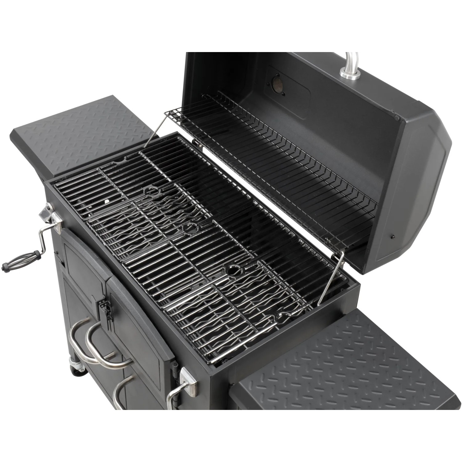 Schwarzer El Fuego Holzkohlegrill Grand Ontario mit offenem Deckel und Grillrosten.