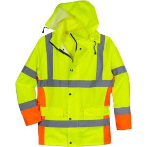 Scheibler Warnschutz Regenjacke Gelb-Orange Gr. XL mit Kapuze und Reflektoren.