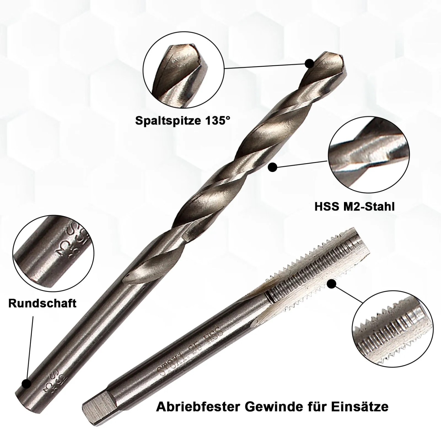 Metallischer Spiralbohrer mit Spaltspitze und Gewindebohrer aus HSS M2-Stahl für CCLIFE Gewindereparatur Satz.