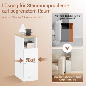 Schmaler weißer Nachttisch mit Holzplatte, 20cm breit, offenem Fach und 2 Schubladen, ideal für kleine Räume neben Sofa.