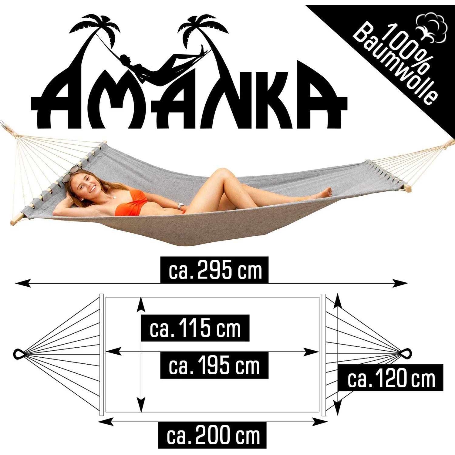 AMANKA DoppelHängematte mit Gestell bis 120 kg 200 x 120 cm Grau