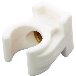 Weißer Rohrclip Ø 12 mm aus Kunststoff mit M6-Gewindehülse zur Rohrbefestigung.