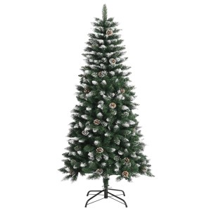 Künstlicher, grüner Weihnachtsbaum (120 cm) mit Schnee und Zapfen auf Stahlständer.