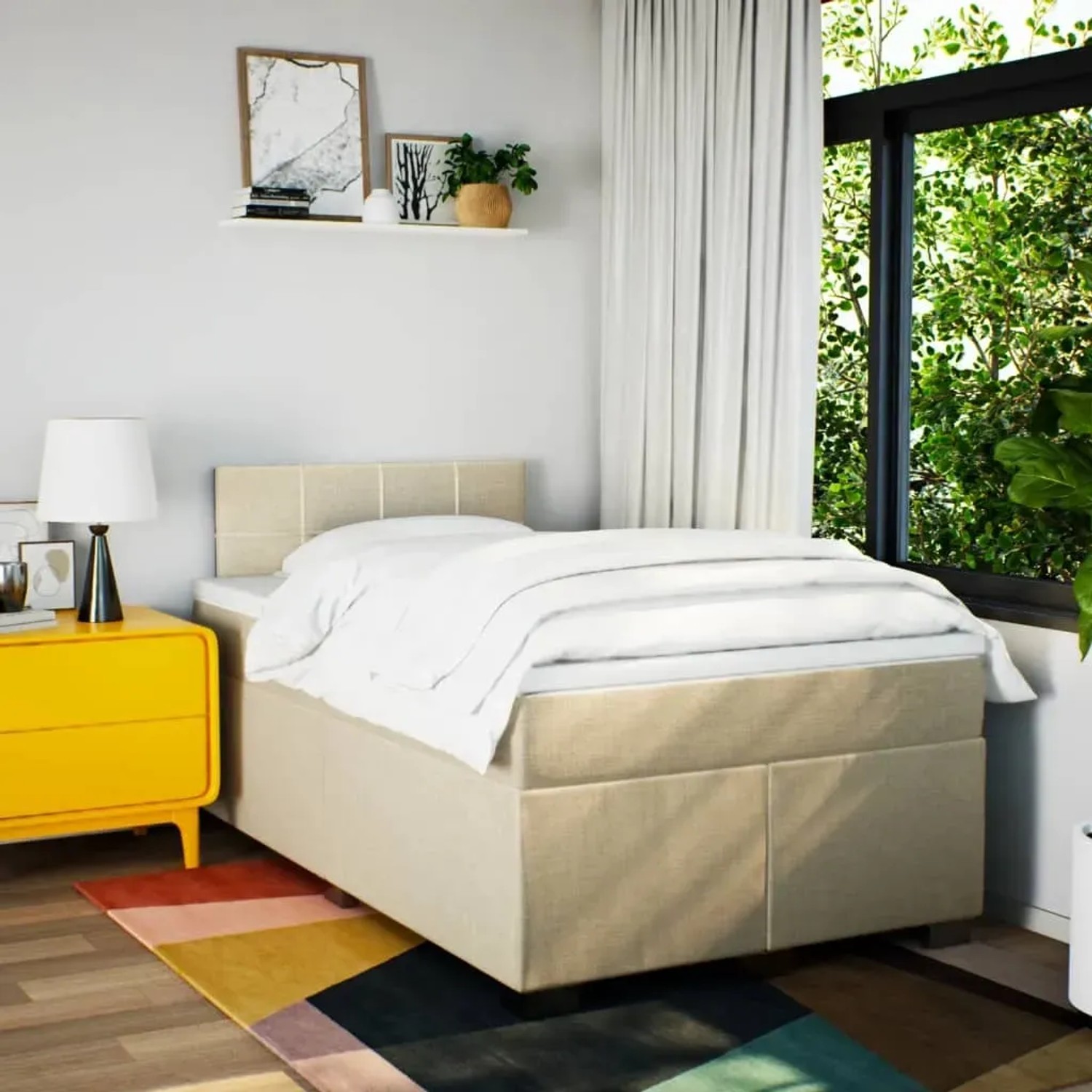 Cremefarbenes vidaXL Boxspringbett 120x190 cm mit Matratze und Kopfteil im Schlafzimmer.