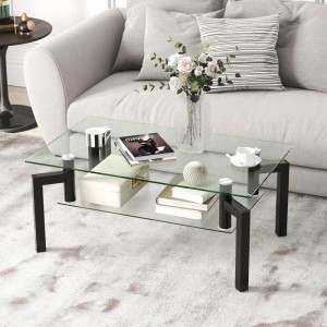 Moderner Costway Couchtisch mit Glasplatte und Ablage, schwarze Metallbeine.
