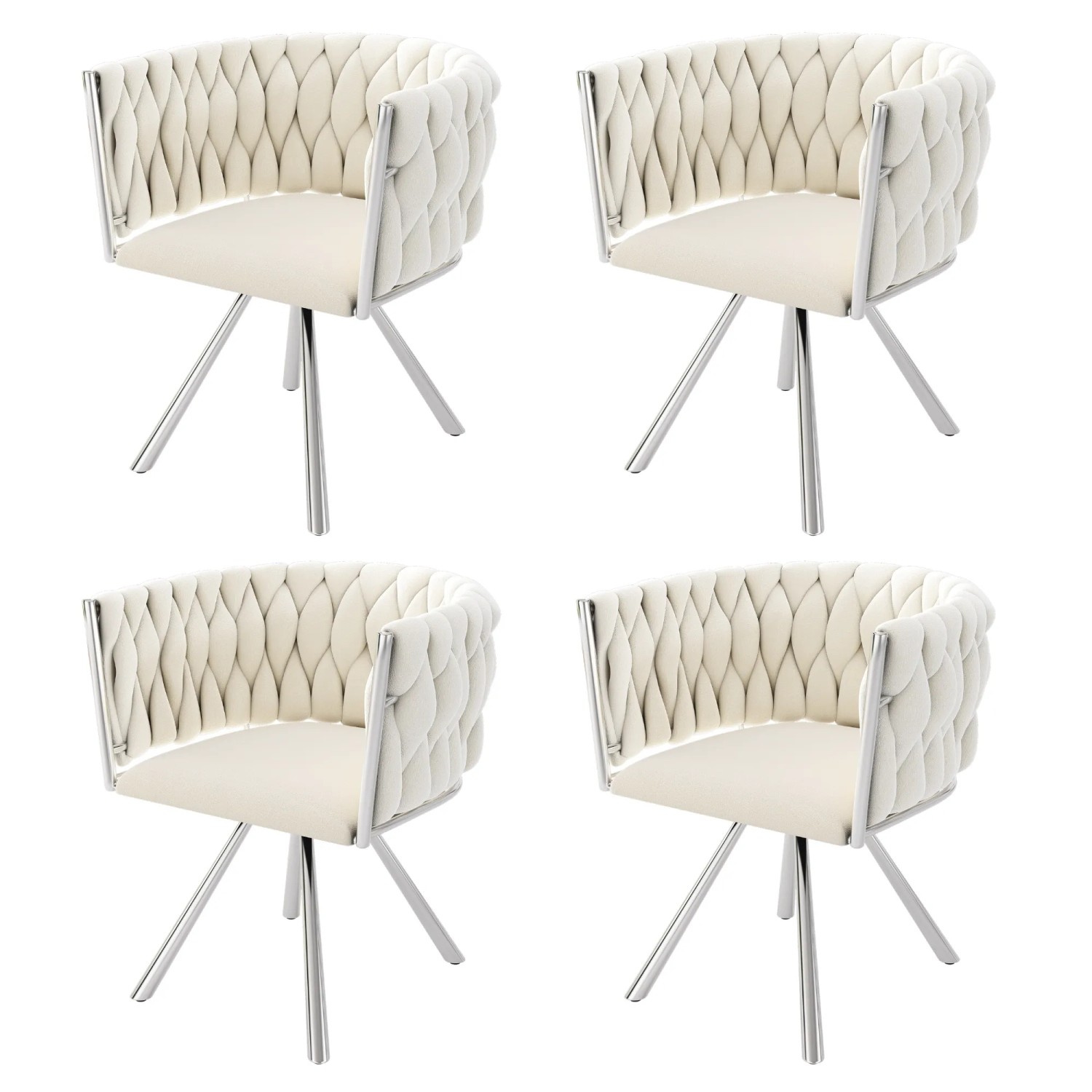 ModernLuxe 4er Set Drehstühle 72 x 54 x 59 cm mit 4 Silbernen Metallfüßen Samt Beige