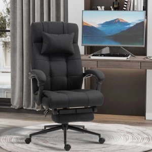 Schwarzer Vinsetto Bürostuhl, ergonomisch, mit Leinenoptik, Fußstütze und Kopfkissen. Komfortabel für lange Arbeitstage.