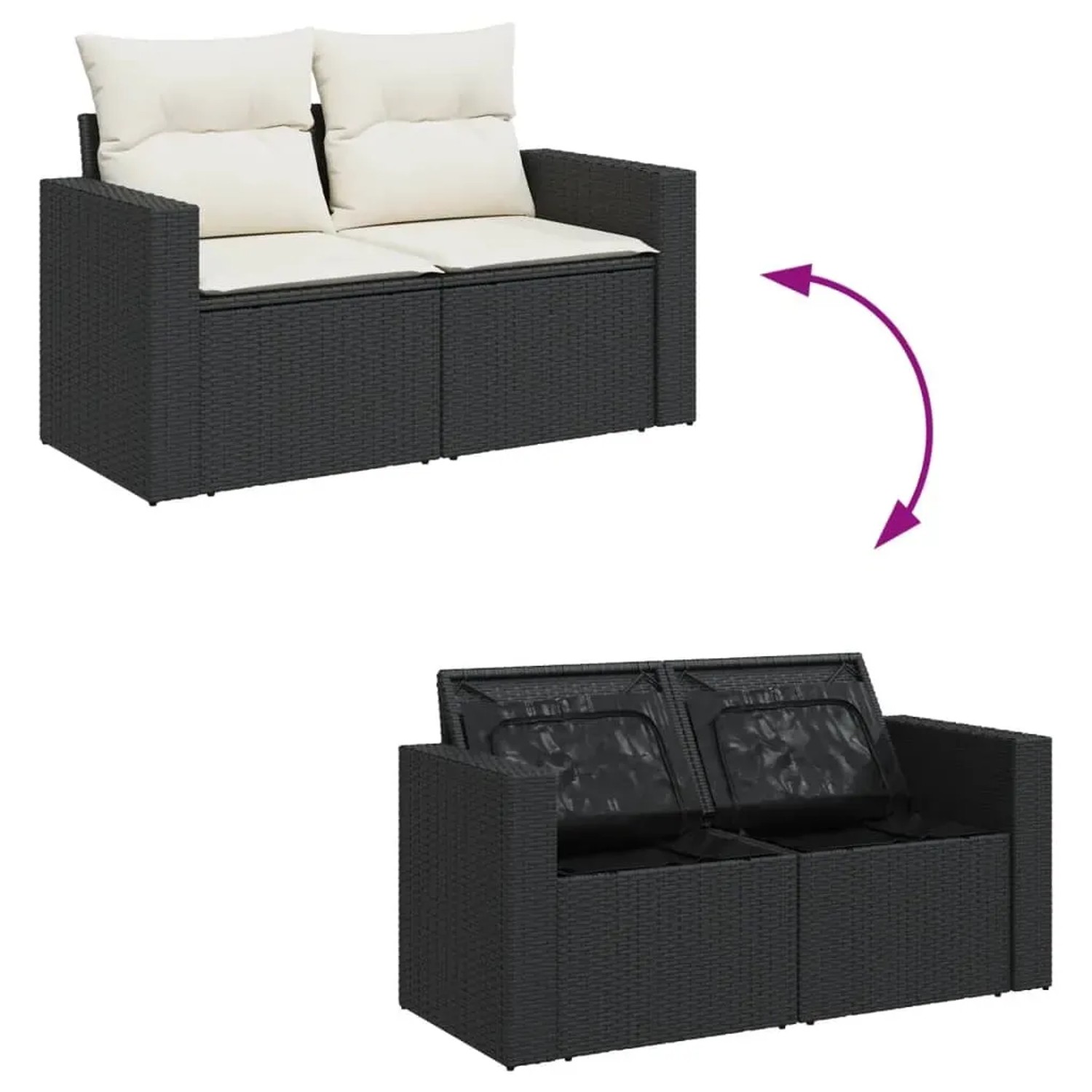Schwarze 8-tlg. vidaXL Garten-Sofagarnitur aus Rattan mit cremefarbenen Kissen und Staufächern.