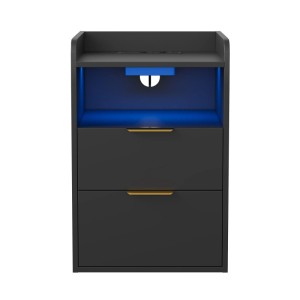 Schwarzer Nachttisch mit 2 Schubladen, goldenen Griffen, blauer LED-Beleuchtung, Ladestation und Geheimfach.