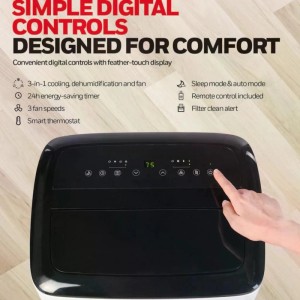 Hand bedient digitales Bedienfeld des Honeywell HF09CESWK mobilen Klimageräts. Übersichtliche Anzeige für Kühlung, Ventilator, Entfeuchter, Timer.