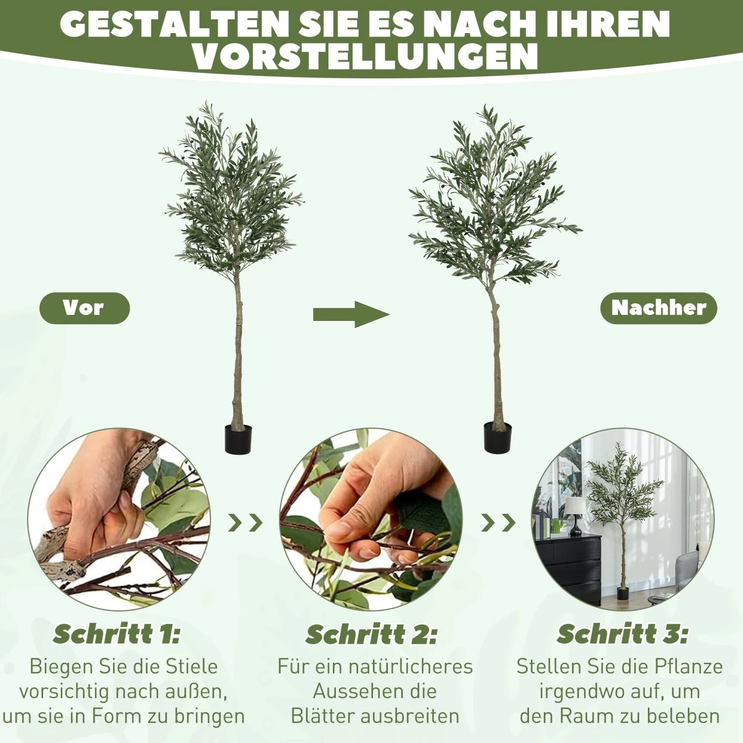 HOMCOM Künstlicher Olivenbaum 180 cm. Vorher-Nachher-Ansicht der Formgebung für realistisches Aussehen.