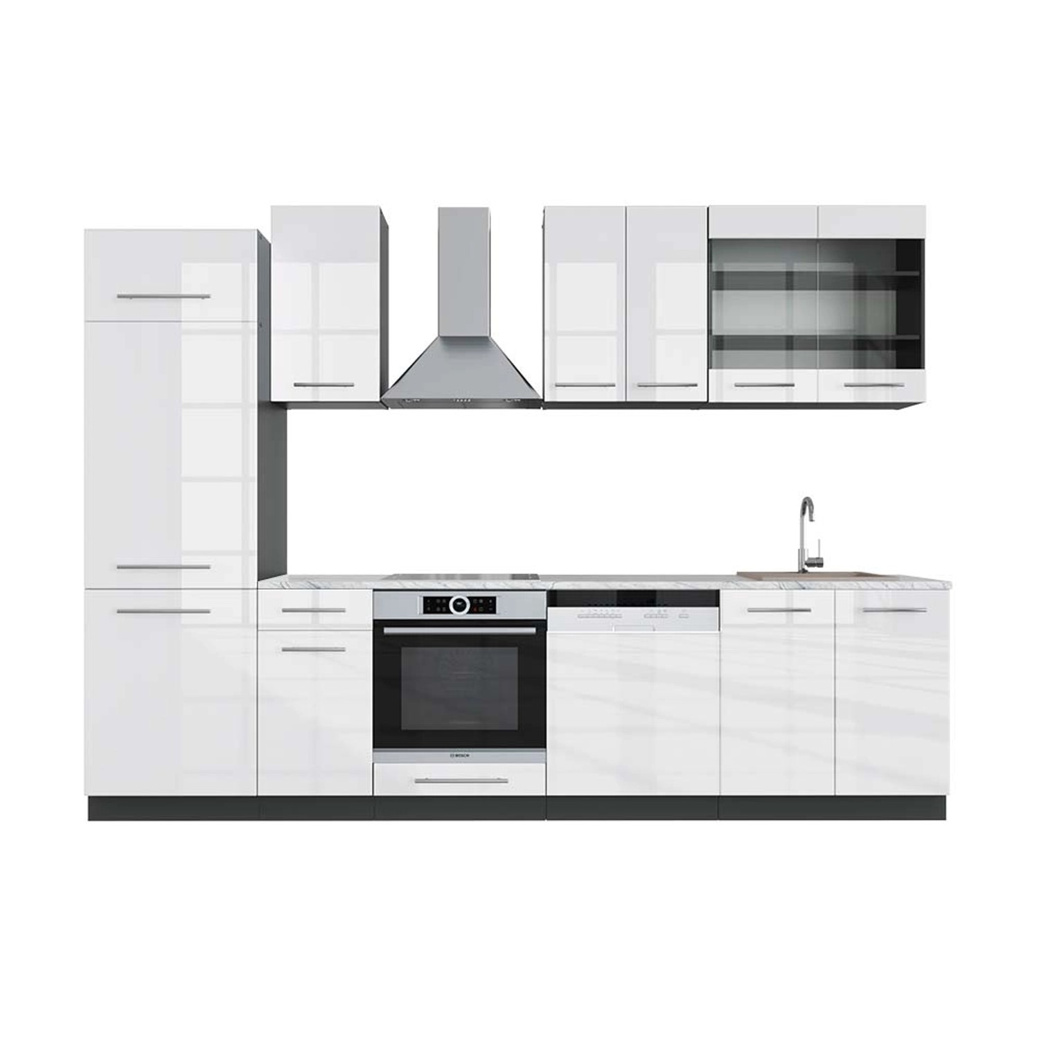 Vicco Fame-Line Küchenzeile Weiß Hochglanz/Anthrazit 300 cm AP Marmor günstig online kaufen