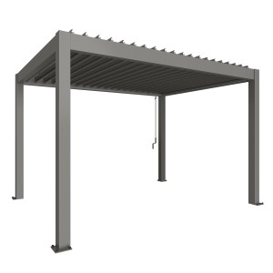 Biohort Pergola, Quarzgrau-Metallic, mit verstellbaren Lamellen und integriertem Regenwasserabfluss.