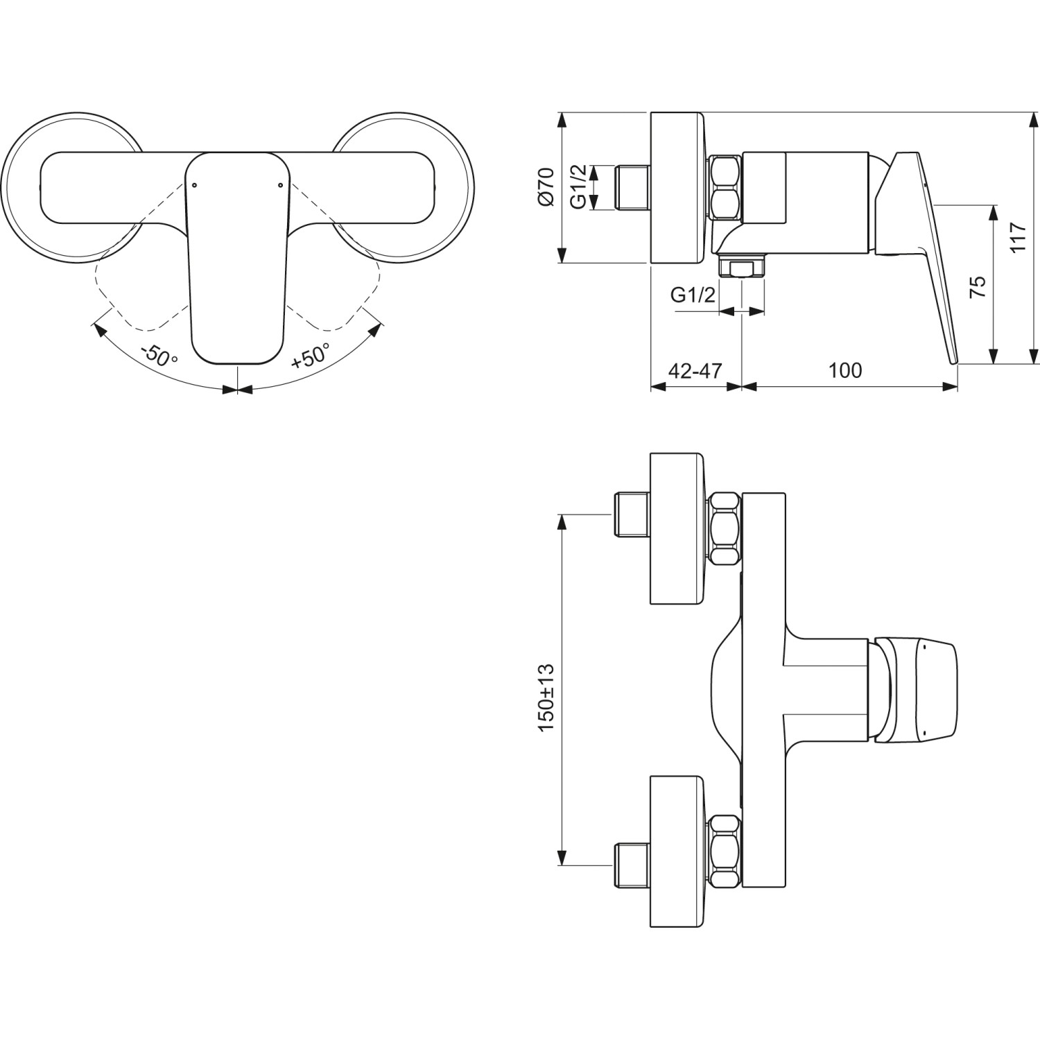 Technische Zeichnung: Ideal Standard Ceraplan Brausearmatur, Aufputz, Chrom, Maße