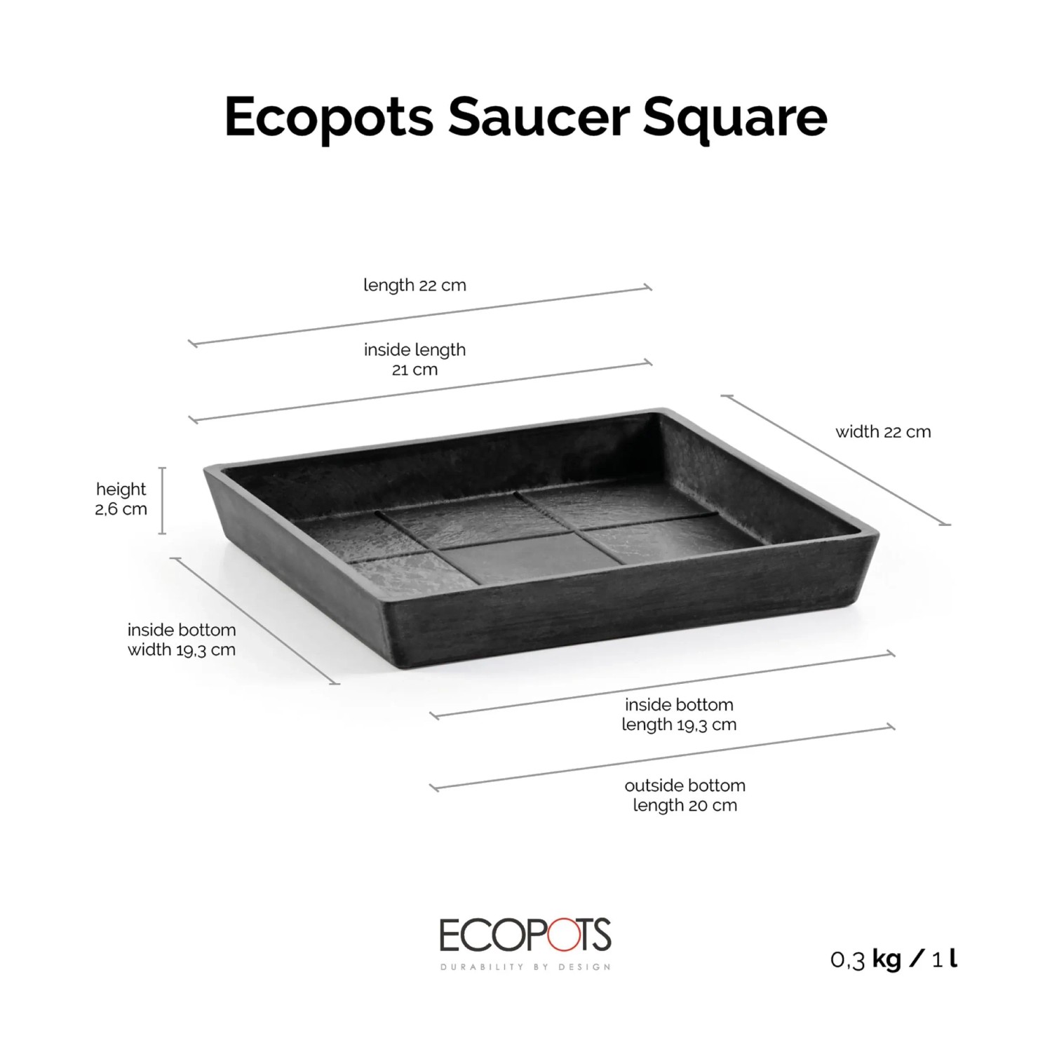 Ecopots Untersetzer Rotterdam eckig, dunkelgrau, 22x2,6 cm. Quadratischer Pflanzuntersetzer.