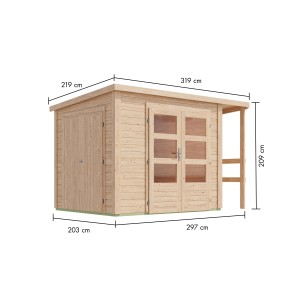 Karibu Gartenhaus mit Schrank und Anbaudach, naturbelassen, mit Maßangaben.