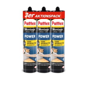 3er-Pack Pattex Montagekleber Power Weiß, ideal für Innenanwendungen mit starker Anfangshaftung.