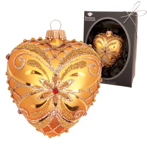 Goldfarbener Glas-Baumschmuck Herz mit Strassdekor und Glitzer. Festlicher Christbaumschmuck von Krebs Glas Lauscha.