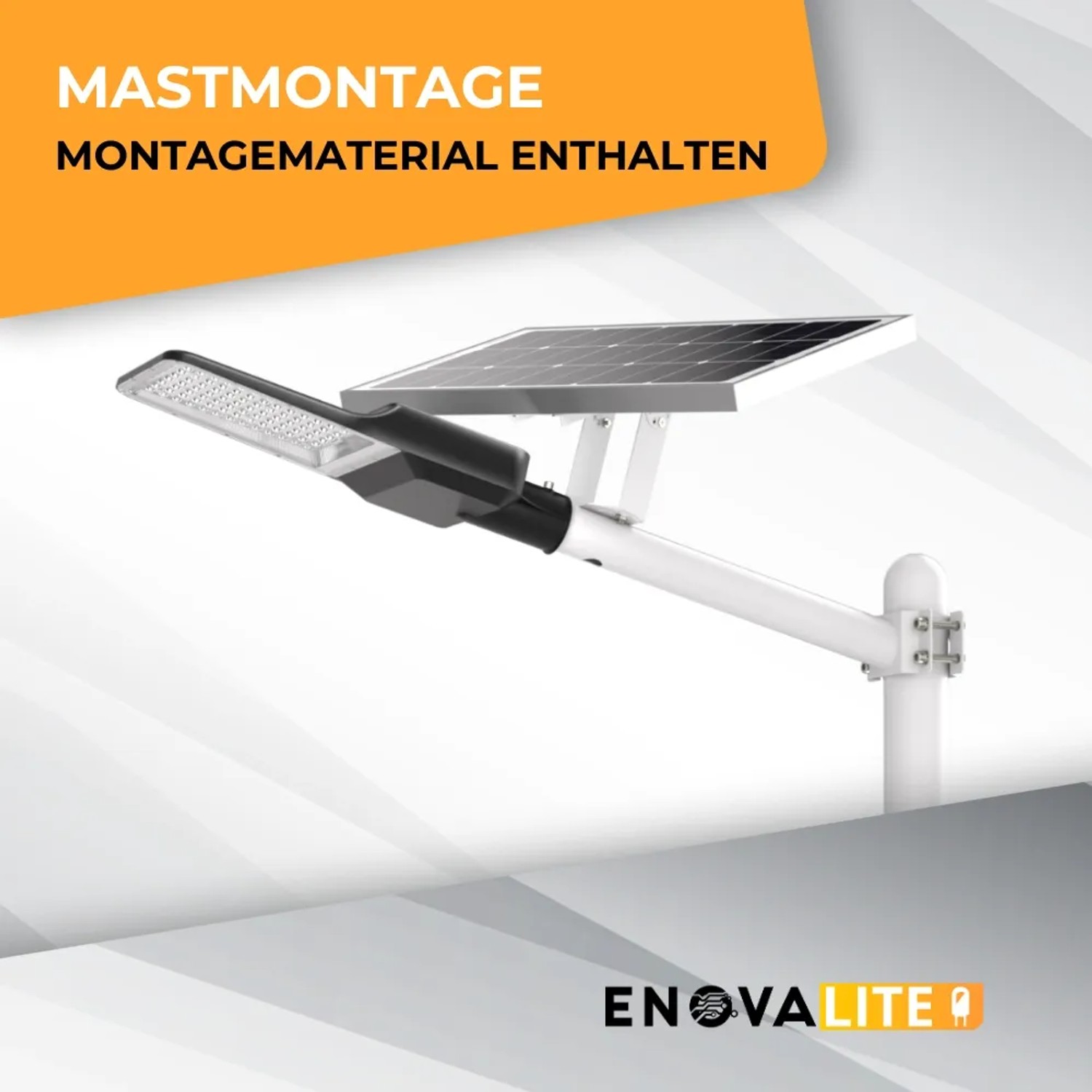 ENOVALITE LED Solar Straßenleuchte 300W mit Mastmontage und Solarmodul.