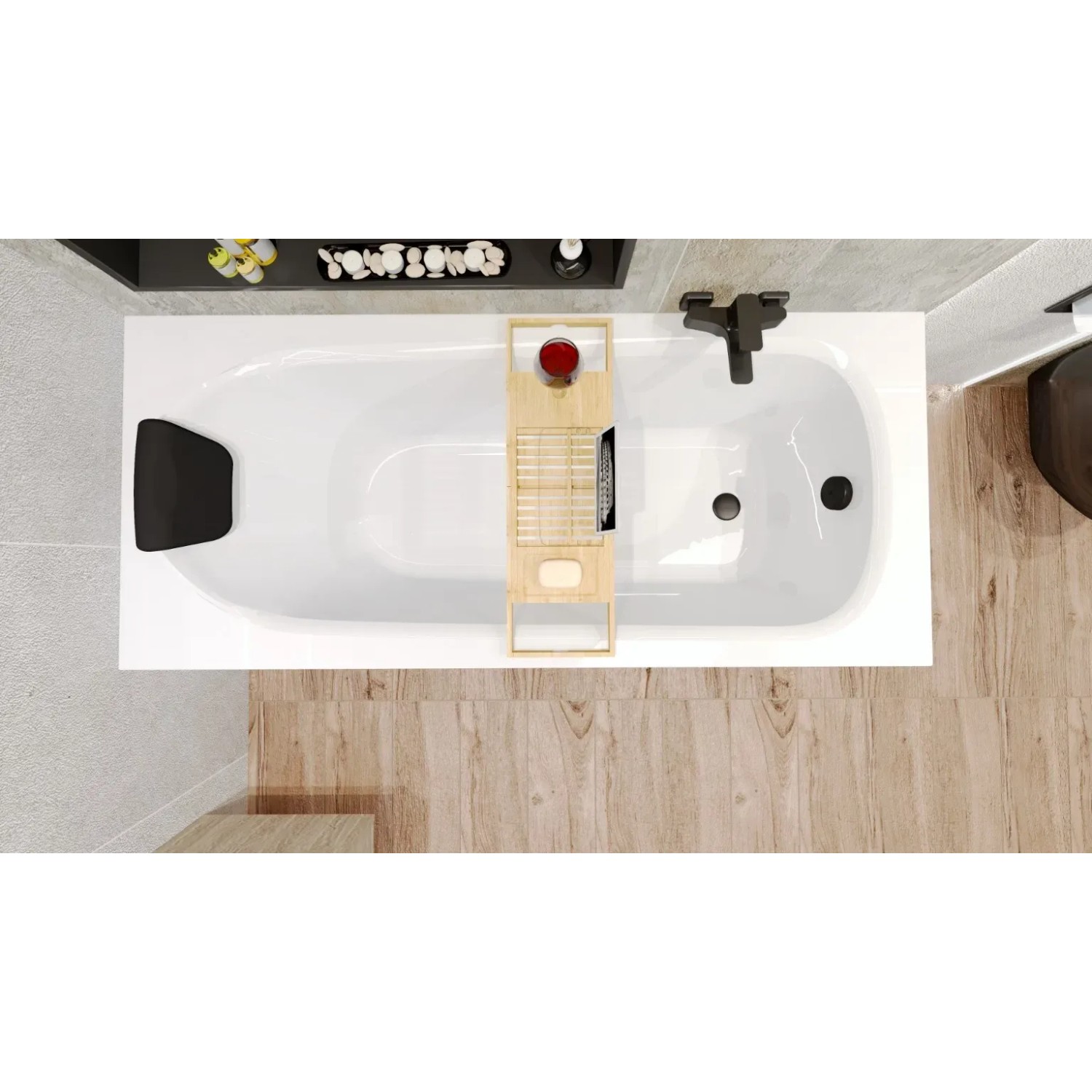 Rechteckige Bad Land Badewanne BONA 160x70 mit Zubehör und Kopfstütze, Aufsicht.