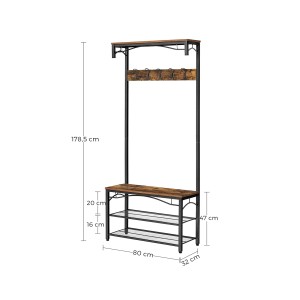 Vasagle Garderobe in Braun-Schwarz mit 5 Haken, Sitzbank und 2 Ablagen. Ideal für den Eingangsbereich.
