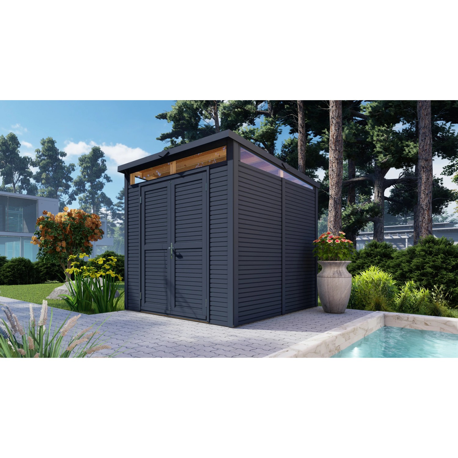 Anthrazitfarbenes Bertilo Gartenhaus Woodline Pent, 234x226 cm, aus Holz mit Flachdach.