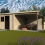Unbehandeltes Holz-Gartenhaus Eden mit überdachter Terrasse und geöffneter Tür im Garten.